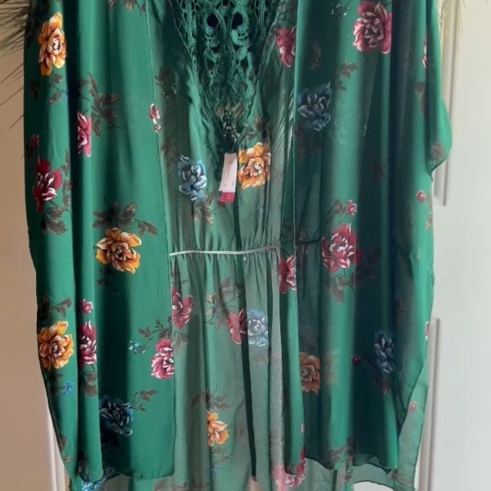 Womens Green Floral Open Duster/Coverup Size Medium - Picture 9 of 12